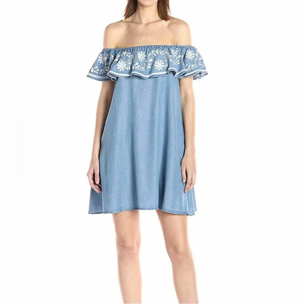 REBECCA MINKOFF Dev chambray off-shoulder embroidered mini dress size small
